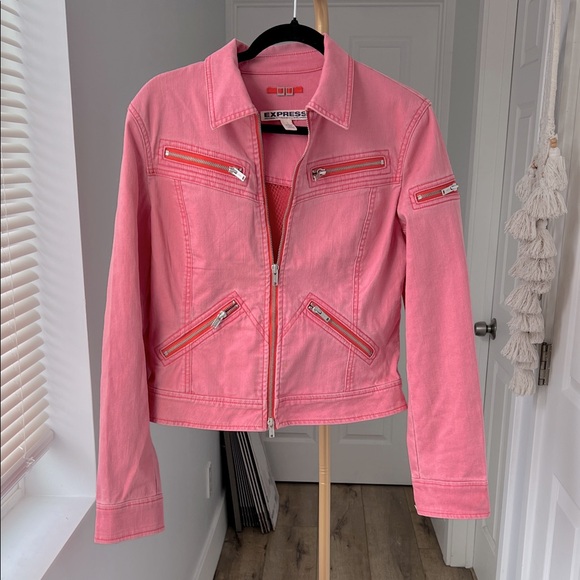 Vintage 90s Express Bright Pink Full Zip Denim Moto Jacket Size Large - Picture 1 of 9